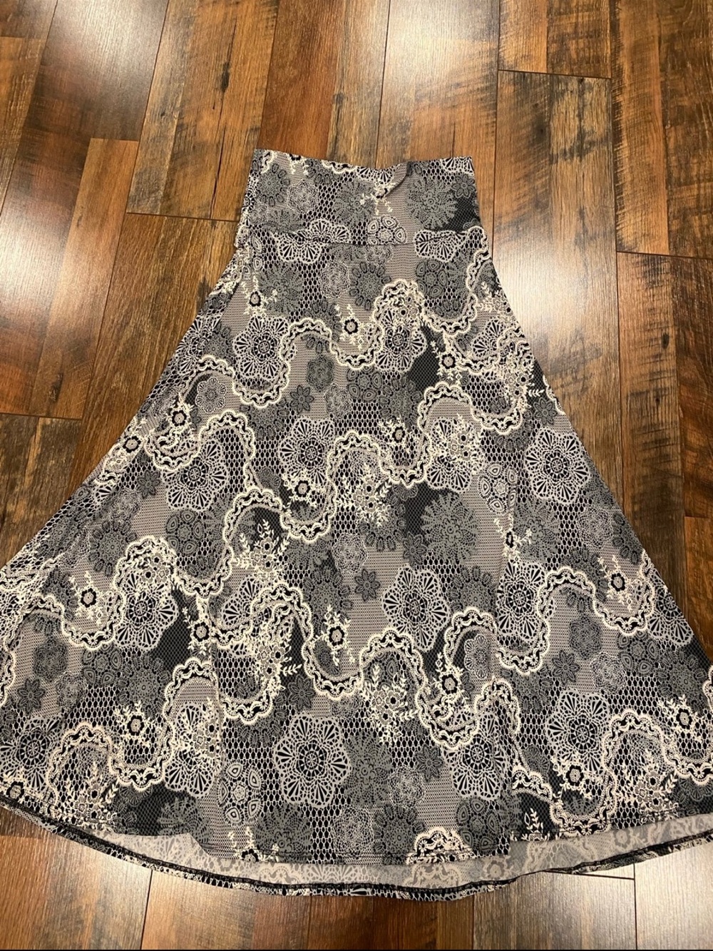 Lularoe Floral Lace-Print A-Line Maxi Skirt in Black & Cream